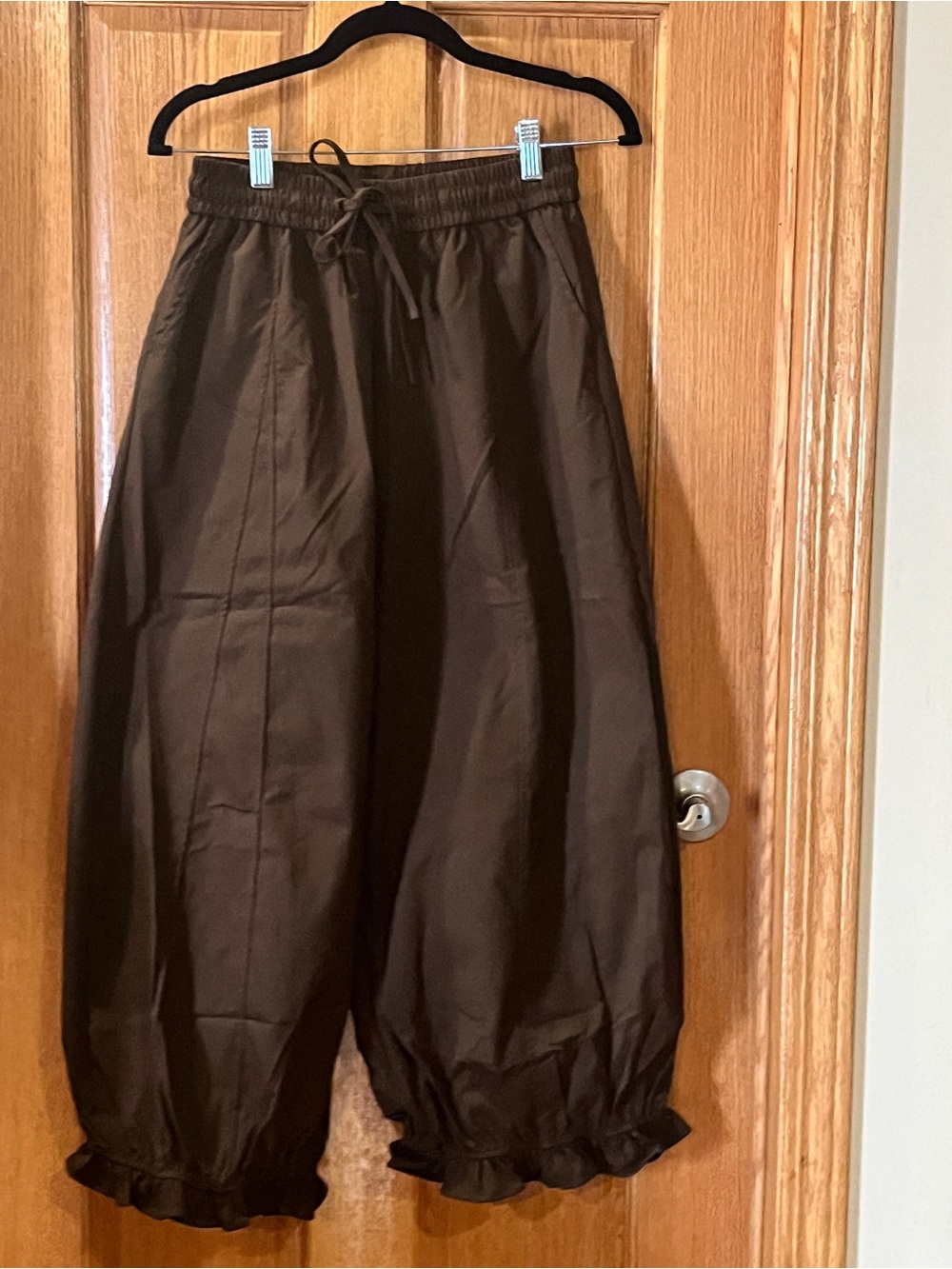 Brown Drawstring Ruffle Hem Wide-Leg Pants
